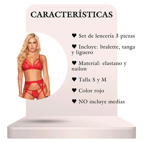 Set de lencería Bra, Tanga y Liguero Color Rojo - Secretos.com