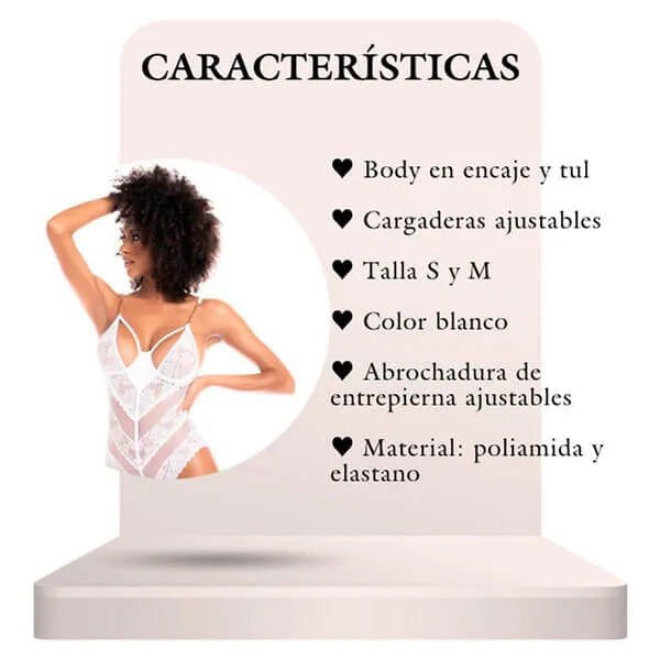 Body En tul y Encaje De Flores Blanco S/M - Secretos.com