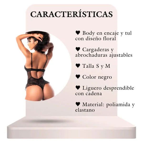 Body En tul y Encaje De Flores Negro - Secretos.com